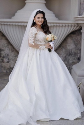 Long sleeves Lace Ball Gown White White Puffy Wedding Dresses_1