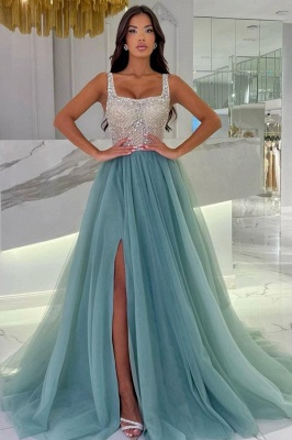 Square neck Sleeveless Silver Beaded Tulle Prom Dresses