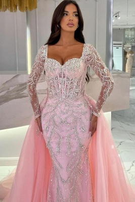 Robe de bal sirène rose blush à manches longues et jupe surjupe_2