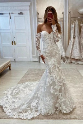 Cool Shoulder White Sweetheart Mermaid Lace Court train Wedding Dresses