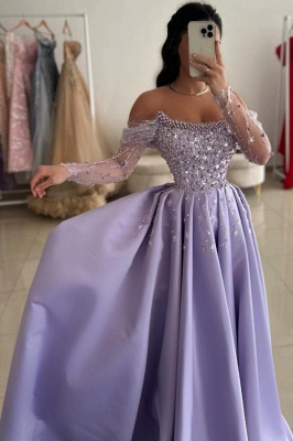Lilac Off the shoulder Satin Princess Floor length Prom Dresses_3