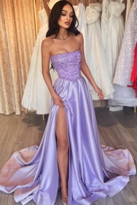 Lilac A-line High Split Satin Strapless Satin Prom Dresses