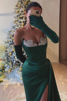 Robe de bal à perles fendue haute avec gants sans bretelles vert foncé_3