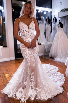 Straps Sleeveless V-neck Mermaid Court Train Wedding Dresses