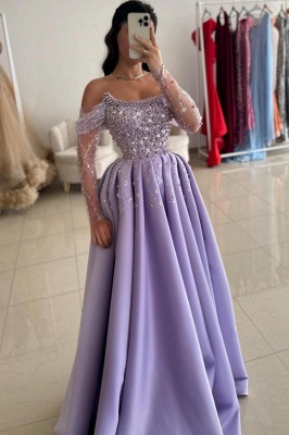 Lilac Off the shoulder Satin Princess Floor length Prom Dresses_2