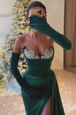 Robe de bal à perles fendue haute avec gants sans bretelles vert foncé_2