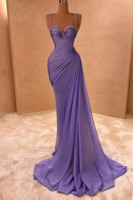 Purple Strapless Satin Court Train Beaded Prom Dresses