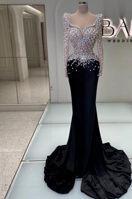 Long sleeves Silver Beaded Black Satin Court Train Prom Dresses