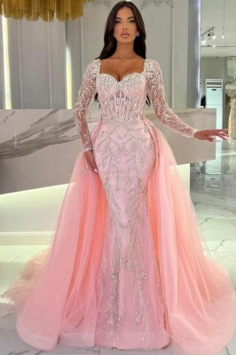 Blushing Pink Mermaid Long sleeves Overskirt Prom Dresses