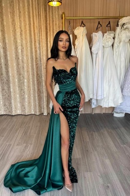 Dark Green V-neck High Split Mermaid Satin Prom Dresses