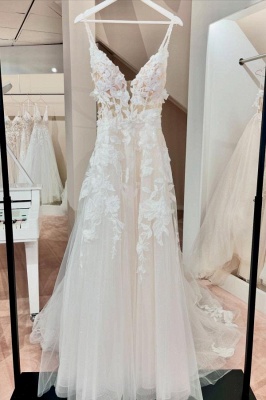 V-neck Sleeveless White Tulle Lace Appliques Wedding Dresses