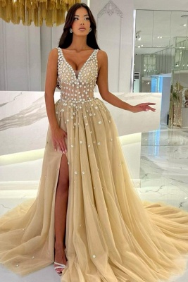 V-neck Sleeveless Gold Ball Gown Evening Dresses