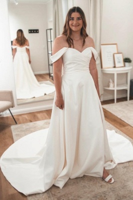 White Off the shoulder A-line Court Train Wedding Dresses