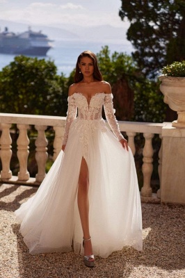 Long sleeves Cold Shoulder High Split Tulle Wedding Dresses