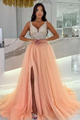 V-neck Beaded Orange Tulle High Split Sleeveless Prom Dresses