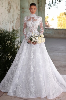 Elegant Long Sleeves High Neck Appliques Lace A-Line Wedding Dress