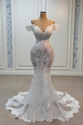 Off-Shoulder  Empire Lace  Wedding Dress Column Mermaid Long  Bridal Gown with Sweep Train