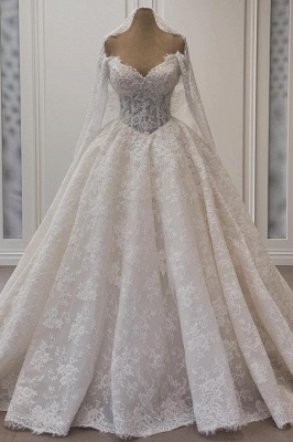 Sweetheart V-Neck Long Sleeves A-Line Floor-Length Lace Wedding Dress