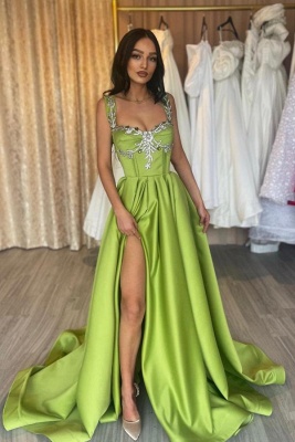 Green Square Neckline  Wide straps  High Split A-Line Ruched  Prom Dress