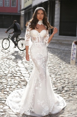 Sweetheart Long Sleeves Appliques Lace Mermaid Wedding Dress