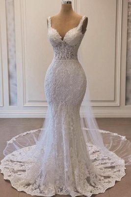 Classy Column Chapel  Mermaid Long Lace Wedding Dress with Straps