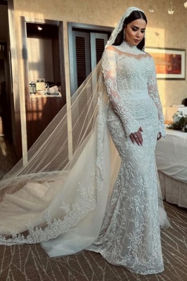 High Neck Column Empire Mermaid Lace  Bridal Gown With Long Sleeves