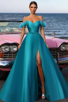 Stylish Off-the-Shoulder Ruched Satin Aline Evening Dress Sweetheart Prom Dress Front Split