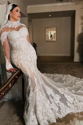 Gorgeous High Neck Sweetheart Mermaid White Lace  Wedding Dress with Appliques