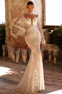 Chic Deep V-Neck Long Sleeves Appliques Lace Mermaid Wedding Dress