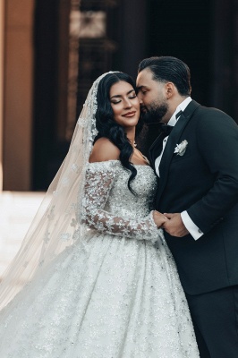 Lindo vestido de baile ombro a ombro branco manga comprida flor vestidos de noiva longos_8