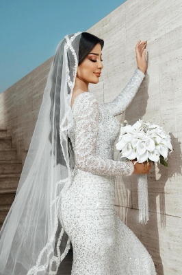 Glitter Sequins Sweetheart Satin Mermaid Wedding Dresses Long Sleeve_10