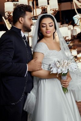 Elegante fora do ombro cetim franzido pérola vestidos de noiva linha A_6