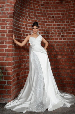 Unique One Shoulder Stain Sequin Mermaid Wedding Dresses_6