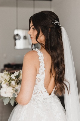 A-Linie V-Ausschnitt Weiße Spitze Rückenfrei Blumen Elegante Lange Brautkleider_4