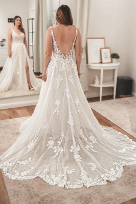 Robe de mariée trapèze en dentelle à appliques sans bretelles et fente_3