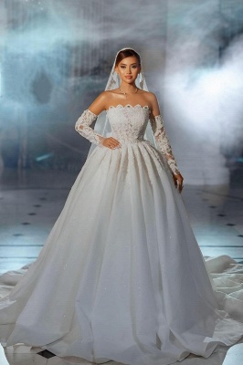 Vestidos de noiva luxuosos sem alças com apliques de cetim e renda em linha A_2