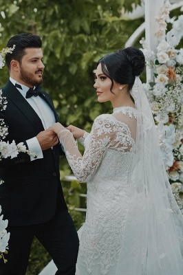 Unique Sweetheart Tulle Appliques Lace Mermaid Wedding Dresses Long Sleeve_7