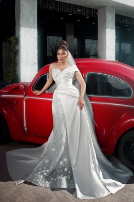 Unique One Shoulder Stain Sequin Mermaid Wedding Dresses_11