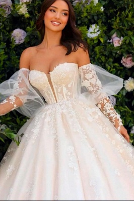 Robe de mariée trapèze en dentelle à appliques en cœur unique à manches longues_2