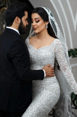 Glitter Sequins Sweetheart Satin Mermaid Wedding Dresses Long Sleeve_7