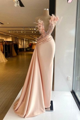 Stunning V-Neck Satin Long Prom Dress Sleeveless Evenng Dress with Feather