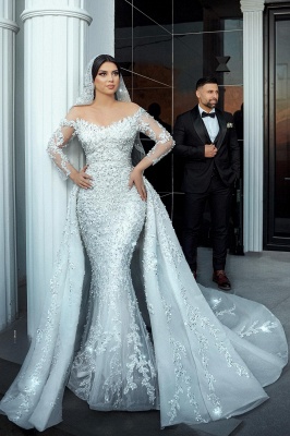 Gorgeous Appliques Lace Crystal Mermaid Wedding Dresses Long Sleeves_1
