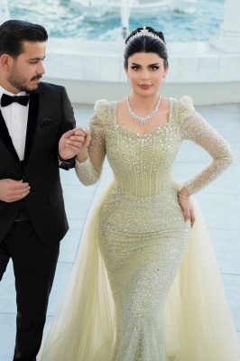 Unique Square Neck Tulle Sequins Mermaid Wedding Dresses Long Sleeves with Sweep Train_9