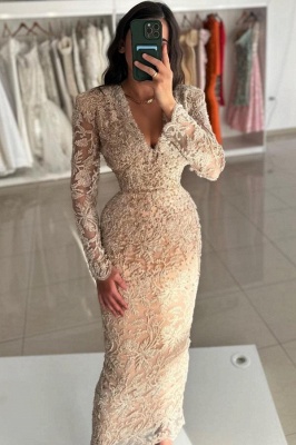 Vestidos de baile de sereia com apliques de decote em V e manga comprida_3