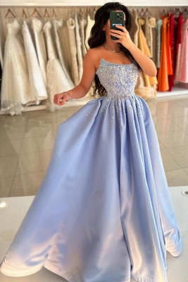 Unique Strapless Satin Ruched Sequins A-Line Prom Dresses