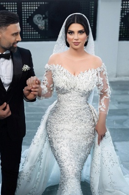 Gorgeous Appliques Lace Crystal Mermaid Wedding Dresses Long Sleeves_2