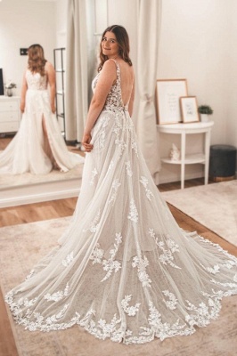 Robe de mariée trapèze en dentelle à appliques sans bretelles et fente_2