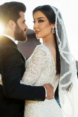 Glitter Sequins Sweetheart Satin Mermaid Wedding Dresses Long Sleeve_6