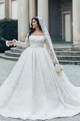Lindo vestido de baile ombro a ombro branco manga comprida flor vestidos de noiva longos_6