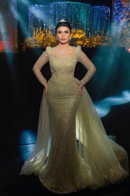 Unique Square Neck Tulle Sequins Mermaid Wedding Dresses Long Sleeves with Sweep Train_1